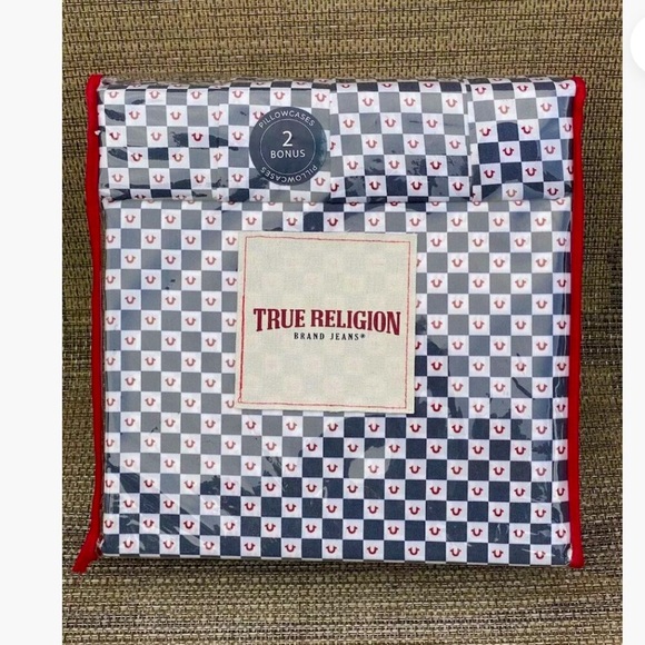 True Religion Blue Red White Plaid Polyester QUEEN Sheet Set 6pc - Picture 2 of 12